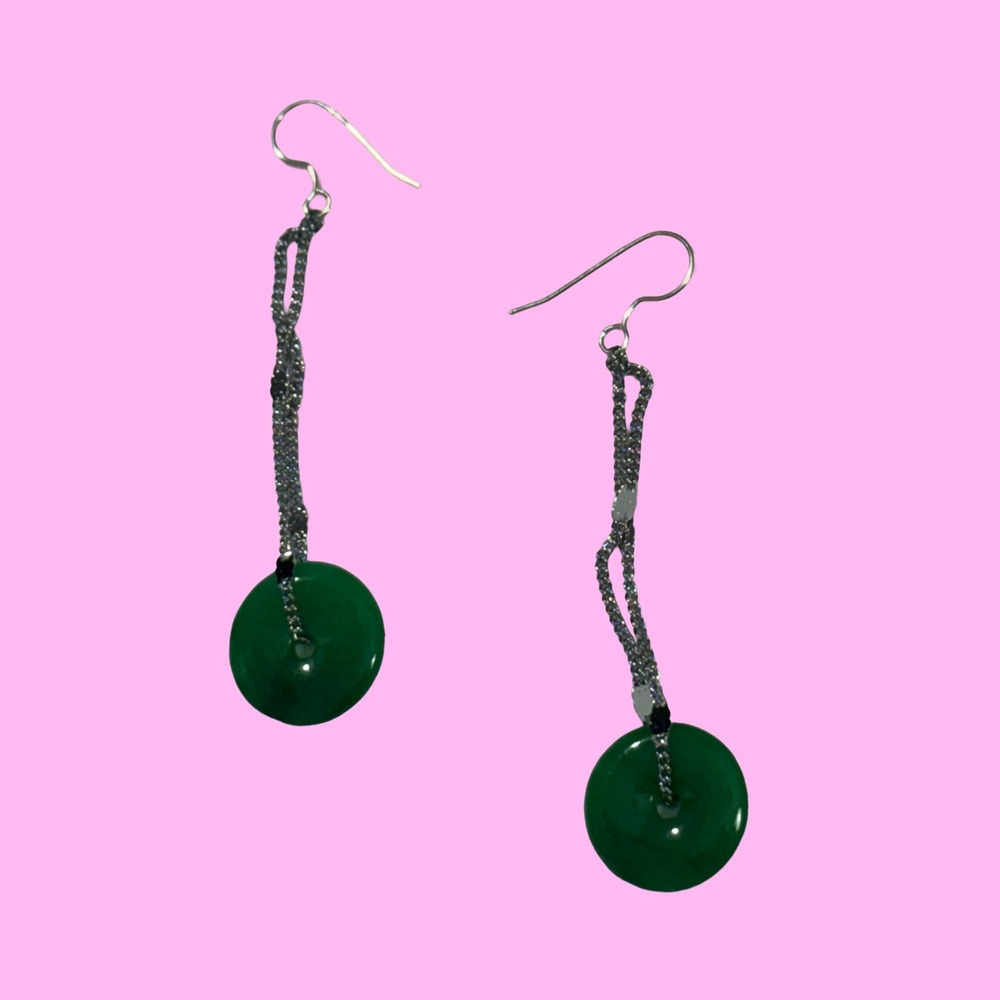 Green Peace Disk Earrings‎ Donut Disc Drop Silver Chain Jade Style Statement